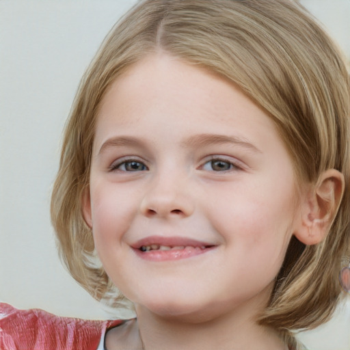 Joyful white child female with medium  brown hair and blue eyes