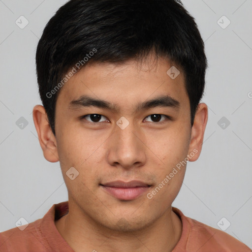 Neutral asian young-adult male with short  brown hair and brown eyes