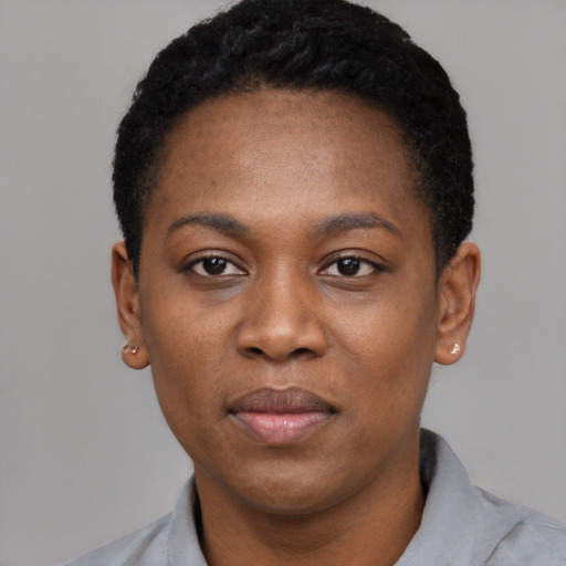 Neutral black young-adult female with short  black hair and brown eyes