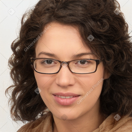 Joyful white young-adult female with medium  brown hair and green eyes