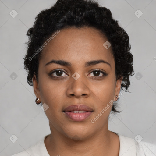 Neutral black young-adult female with short  black hair and brown eyes