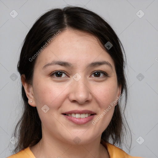 Joyful white young-adult female with medium  brown hair and brown eyes