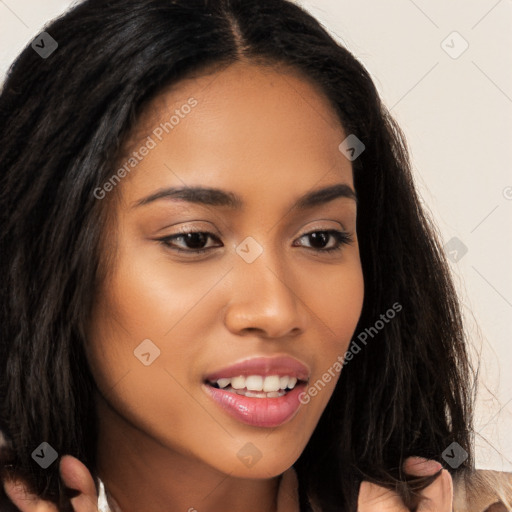 Joyful latino young-adult female with long  brown hair and brown eyes