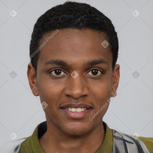 Joyful black young-adult male with short  black hair and brown eyes