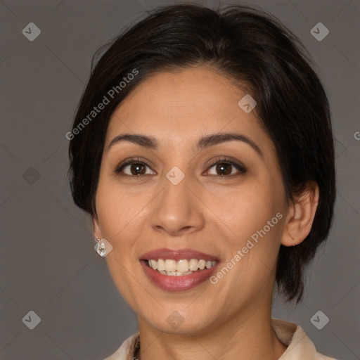 Joyful white young-adult female with medium  brown hair and brown eyes