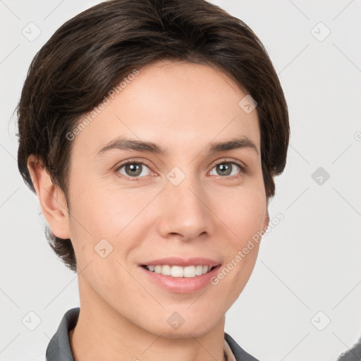 Joyful white young-adult female with short  brown hair and grey eyes