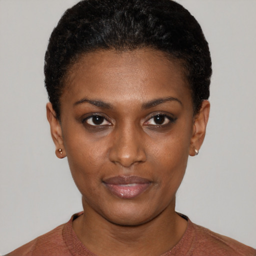 Neutral black young-adult female with short  black hair and brown eyes
