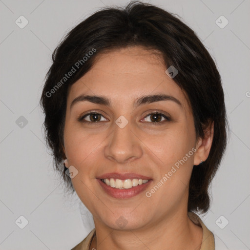 Joyful white young-adult female with medium  brown hair and brown eyes