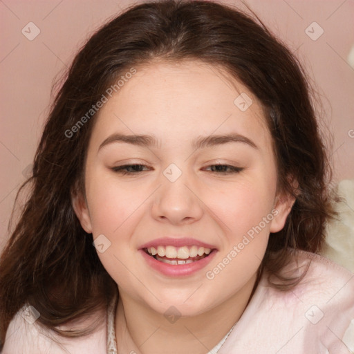 Joyful white child female with medium  brown hair and brown eyes