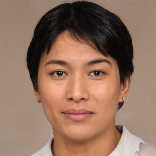 Neutral asian young-adult female with short  black hair and brown eyes