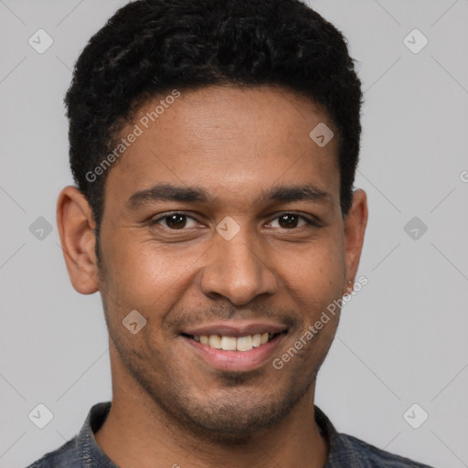 Joyful latino young-adult male with short  brown hair and brown eyes