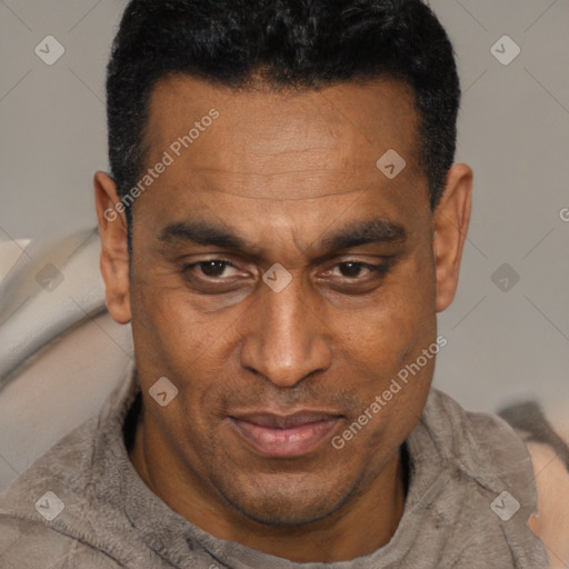 Joyful black adult male with short  brown hair and brown eyes