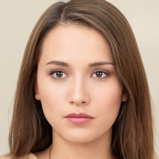 Neutral white young-adult female with long  brown hair and brown eyes