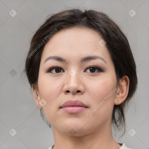 Neutral white young-adult female with medium  brown hair and brown eyes