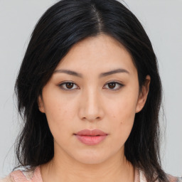 Neutral asian young-adult female with long  black hair and brown eyes