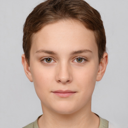 Neutral white young-adult female with short  brown hair and brown eyes