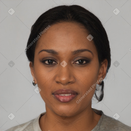 Joyful black young-adult female with medium  black hair and brown eyes