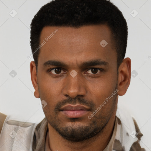 Neutral latino young-adult male with short  black hair and brown eyes