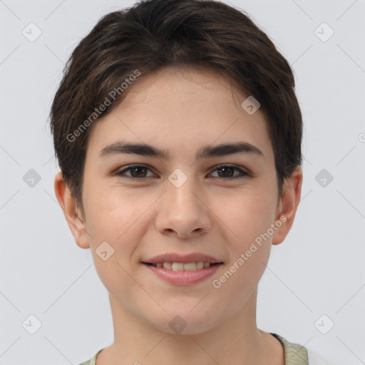 Joyful white young-adult female with short  brown hair and brown eyes