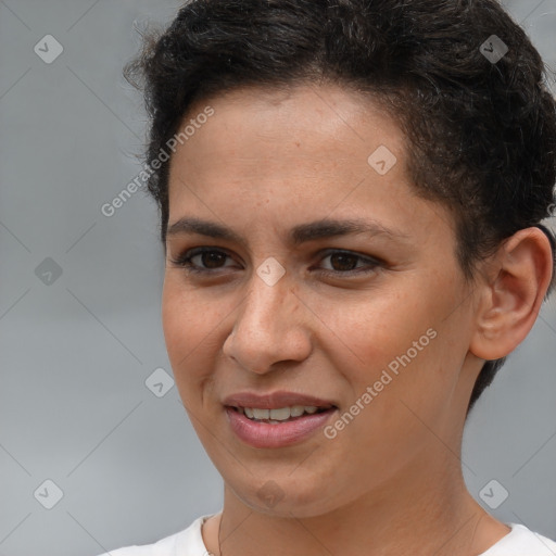 Joyful white young-adult female with short  brown hair and brown eyes