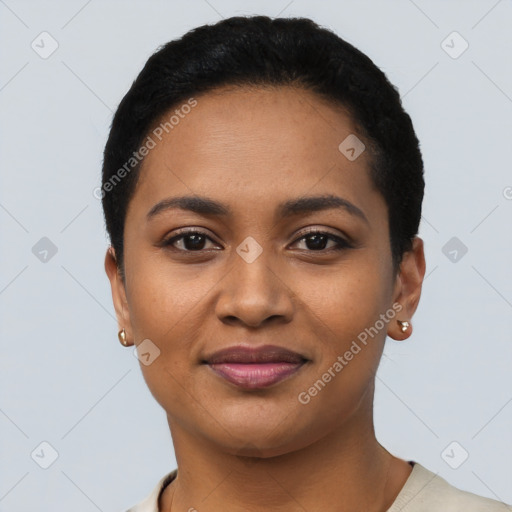 Joyful latino young-adult female with short  black hair and brown eyes