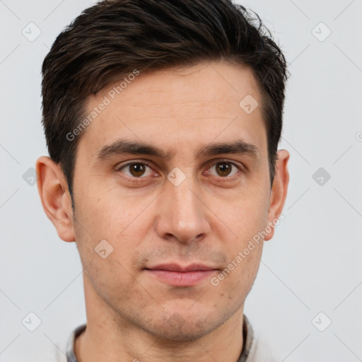 Neutral white adult male with short  brown hair and brown eyes