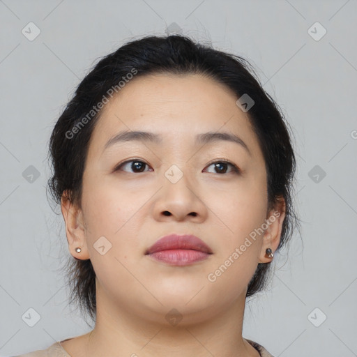 Neutral asian young-adult female with medium  brown hair and brown eyes