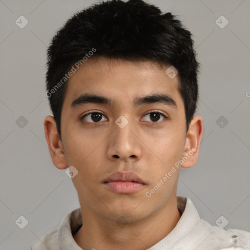 Neutral asian young-adult male with short  brown hair and brown eyes