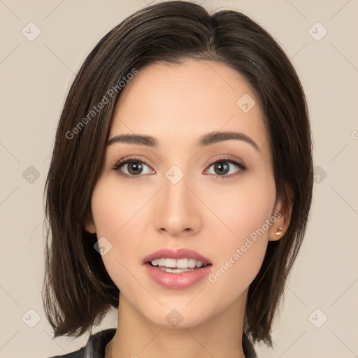 Neutral white young-adult female with medium  brown hair and brown eyes