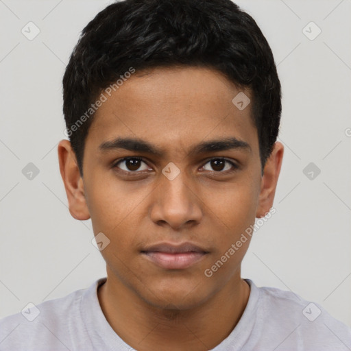 Neutral latino young-adult male with short  brown hair and brown eyes