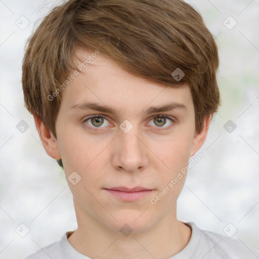 Neutral white young-adult female with short  brown hair and brown eyes