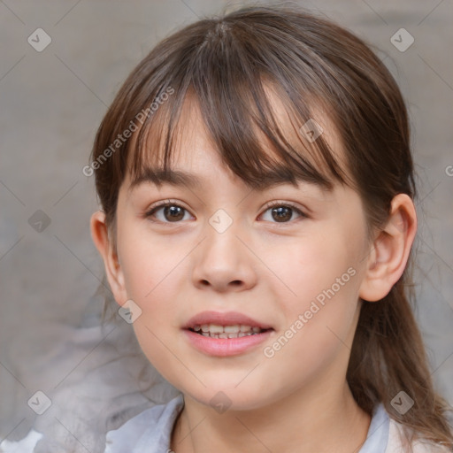 Joyful white child female with medium  brown hair and brown eyes