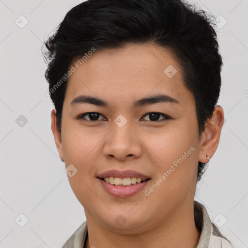 Joyful asian young-adult female with short  brown hair and brown eyes