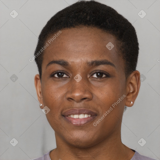 Joyful black young-adult female with short  brown hair and brown eyes