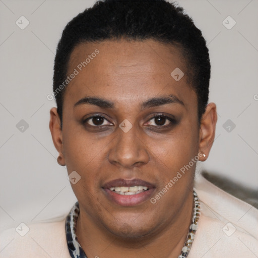 Joyful black young-adult female with short  black hair and brown eyes