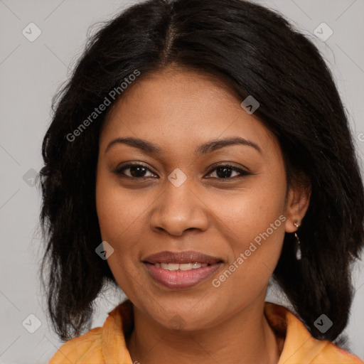 Joyful latino young-adult female with long  brown hair and brown eyes