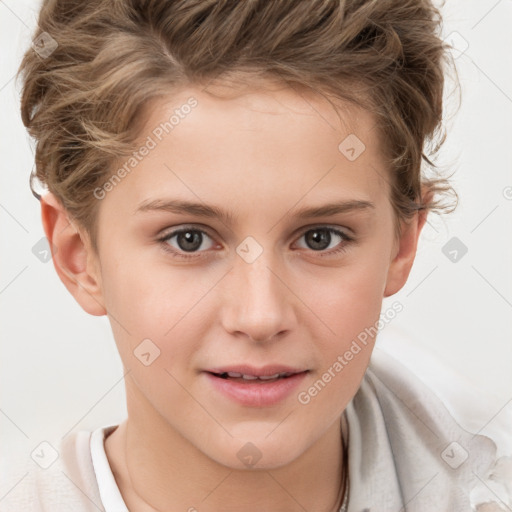 Joyful white child female with short  brown hair and brown eyes