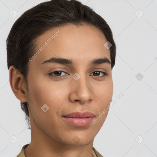 Joyful white young-adult female with short  brown hair and brown eyes