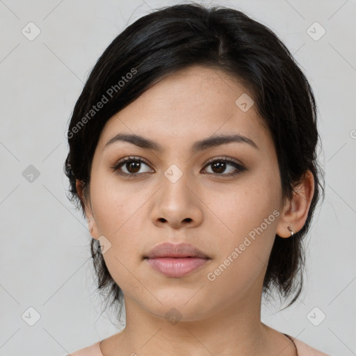 Neutral asian young-adult female with medium  black hair and brown eyes