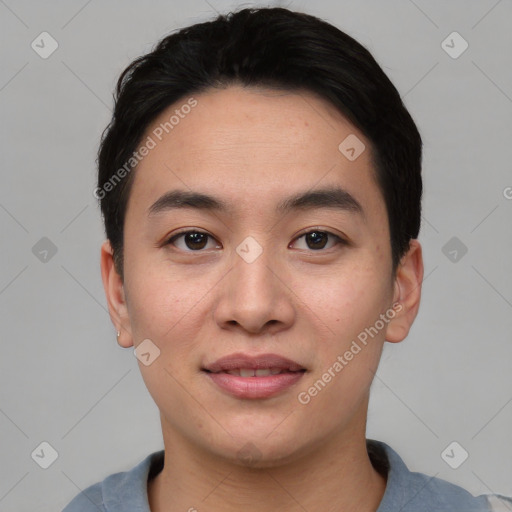 Joyful asian young-adult male with short  black hair and brown eyes