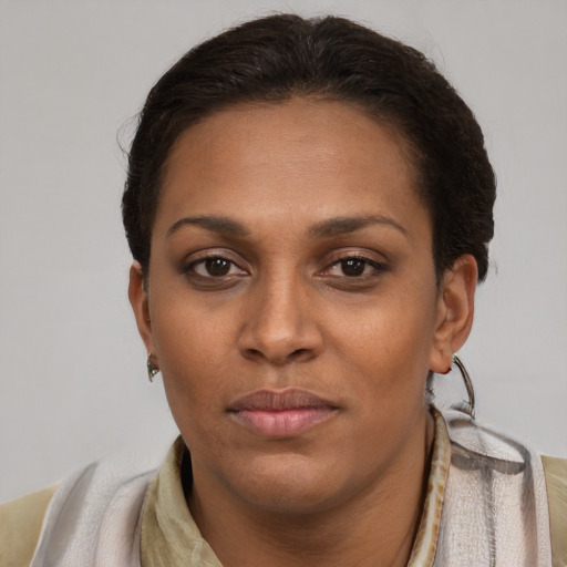Neutral latino young-adult female with short  brown hair and brown eyes