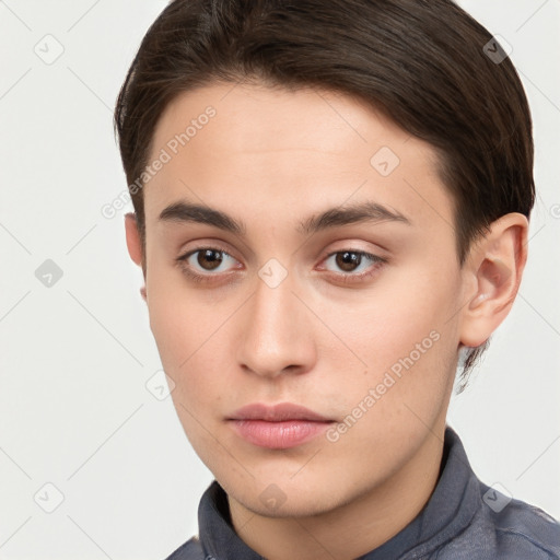 Neutral white young-adult male with short  brown hair and brown eyes