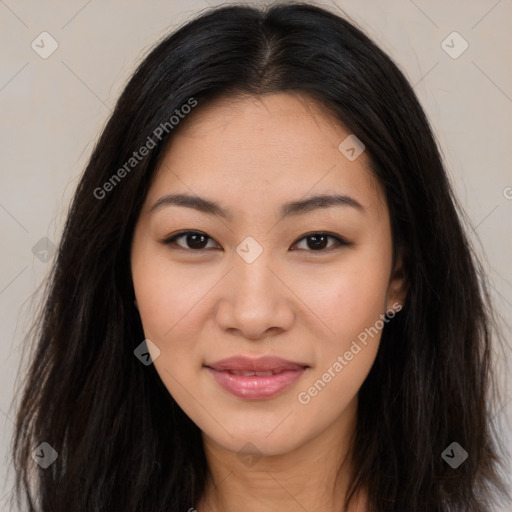 Joyful asian young-adult female with long  brown hair and brown eyes