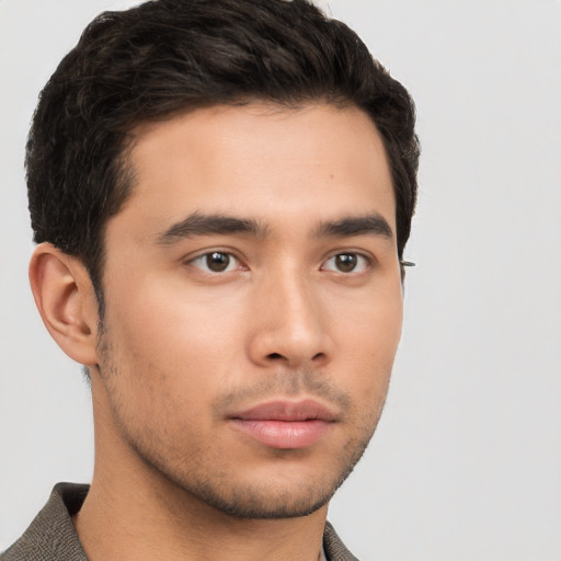 Neutral asian young-adult male with short  brown hair and brown eyes