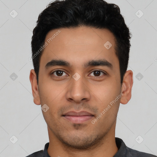 Neutral latino young-adult male with short  black hair and brown eyes