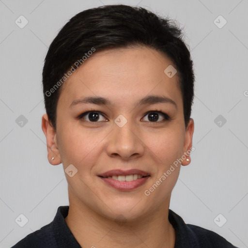 Joyful white young-adult female with short  brown hair and brown eyes