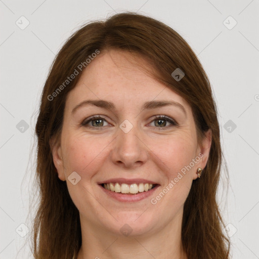 Joyful white young-adult female with long  brown hair and grey eyes