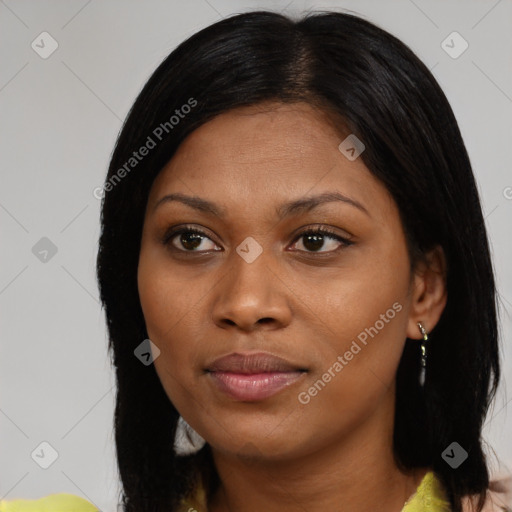 Joyful black young-adult female with medium  black hair and brown eyes