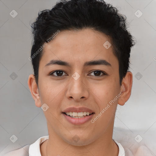 Joyful latino young-adult female with short  brown hair and brown eyes