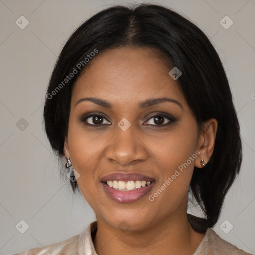 Joyful black young-adult female with medium  black hair and brown eyes